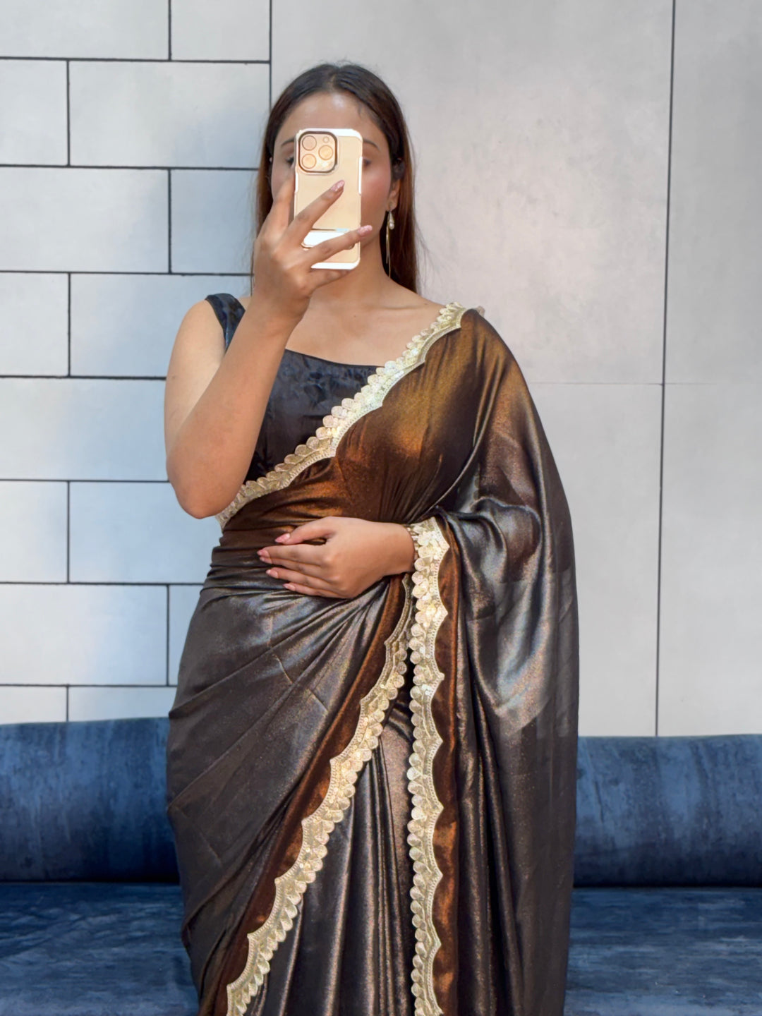 Golden Ember – Rich Soft Shimmer Saree with Sabyasachi Embroidery Lace