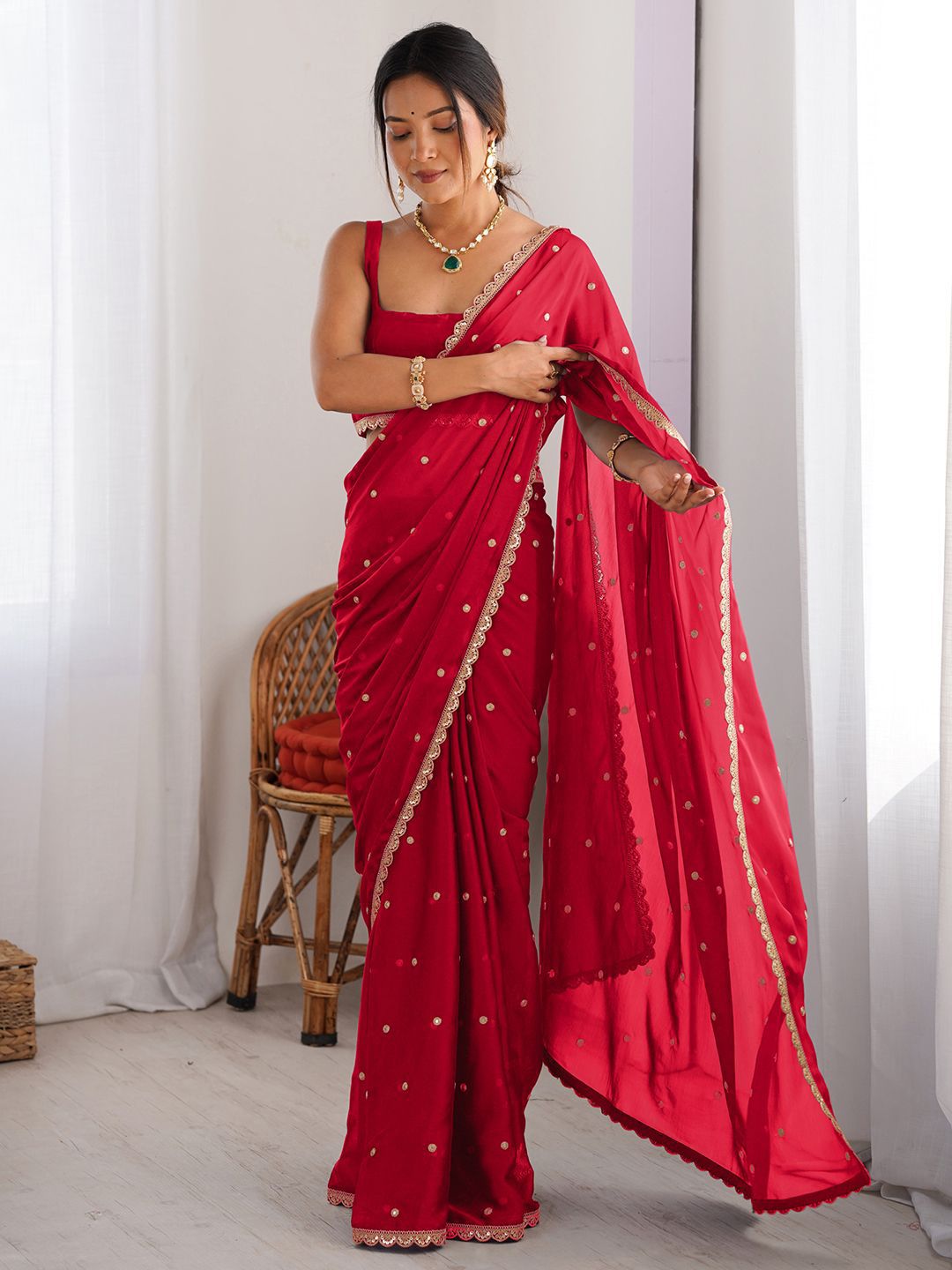 Royal Red Georgette Saree with Golden Zari Lace Border & Sequin Work – Elegant Party & Wedding Wear