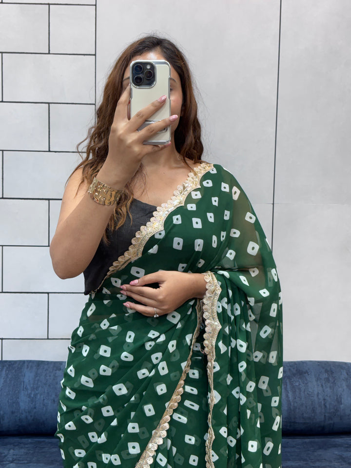 Emerald Green Bandhani Georgette Saree with embroidery Lace Border & Running Blouse