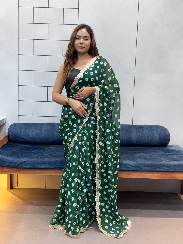 Emerald Green Bandhani Georgette Saree with embroidery Lace Border & Running Blouse