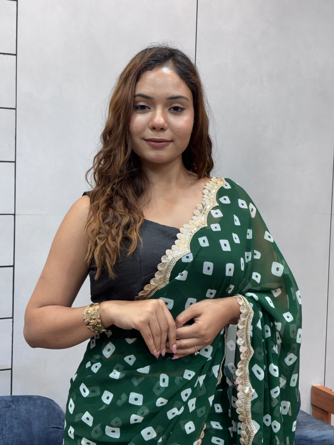 Emerald Green Bandhani Georgette Saree with embroidery Lace Border & Running Blouse