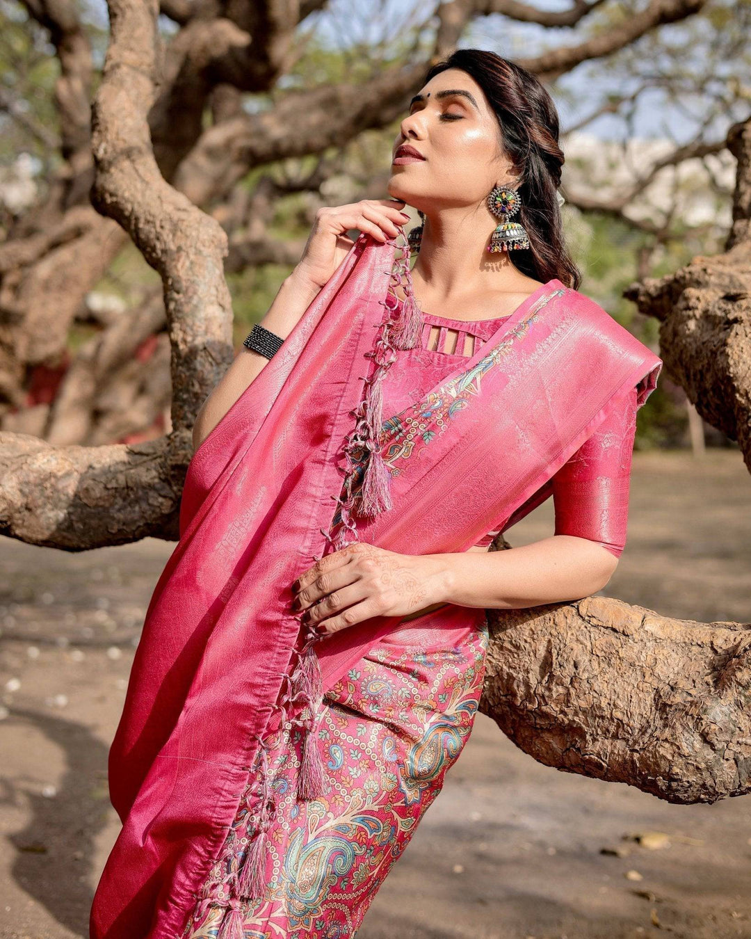 Elegant Pink Banarasi Silk Saree with Paisley Design, Zari Weaving, and Tassels