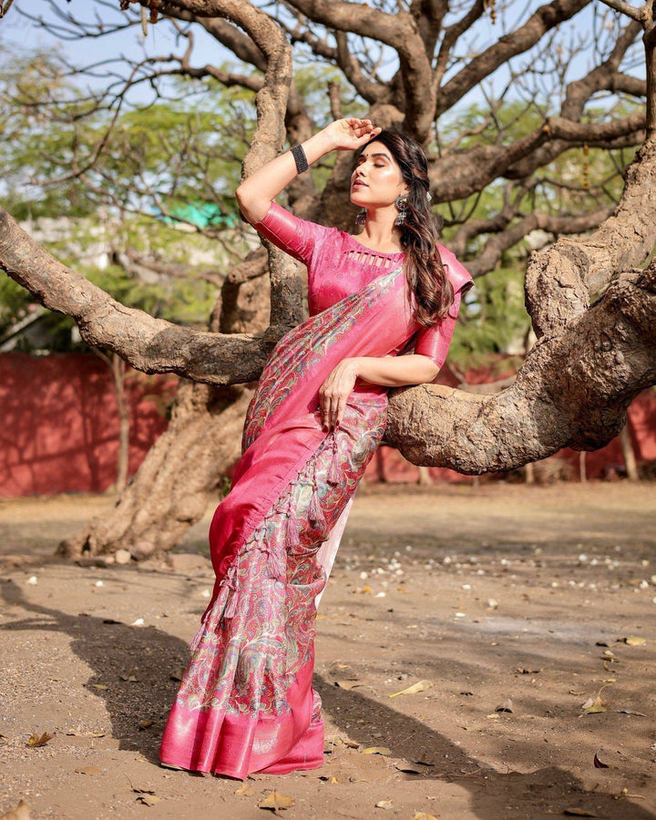 Elegant Pink Banarasi Silk Saree with Paisley Design, Zari Weaving, and Tassels