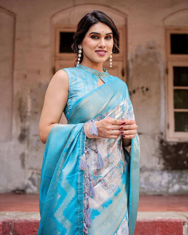 Sky Blue Banarasi Silk Saree with Paisley Digital Print, Zari Border & Tassel Details