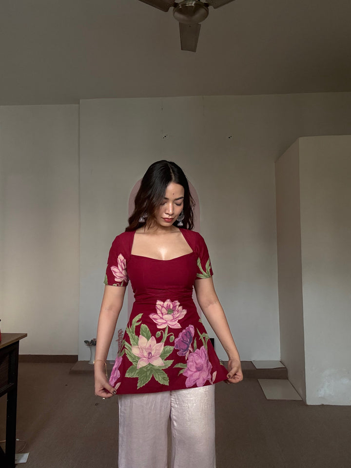 Laila Kurti – Deep Maroon Floral Pure Cotton Kurti with Soft Double Lining