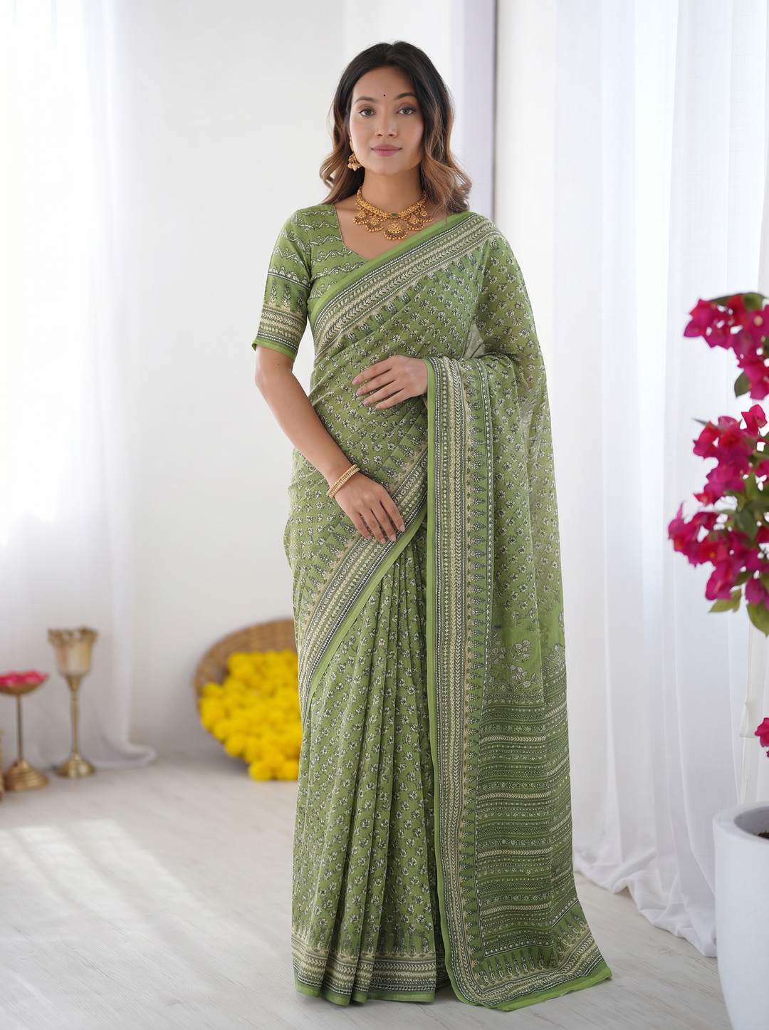 Sage Green Modal Silk Saree with Delicate Floral Butti Prints, Traditional Heritage Border & Elegant Designer Pallu
