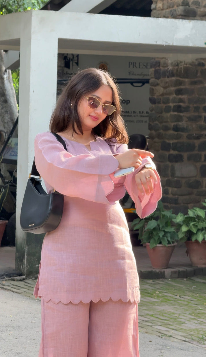 Rosé Muse Pure Linen Co-Ord Set – Relaxed Fit Top & Wide-Leg Pants | Shree Mall
