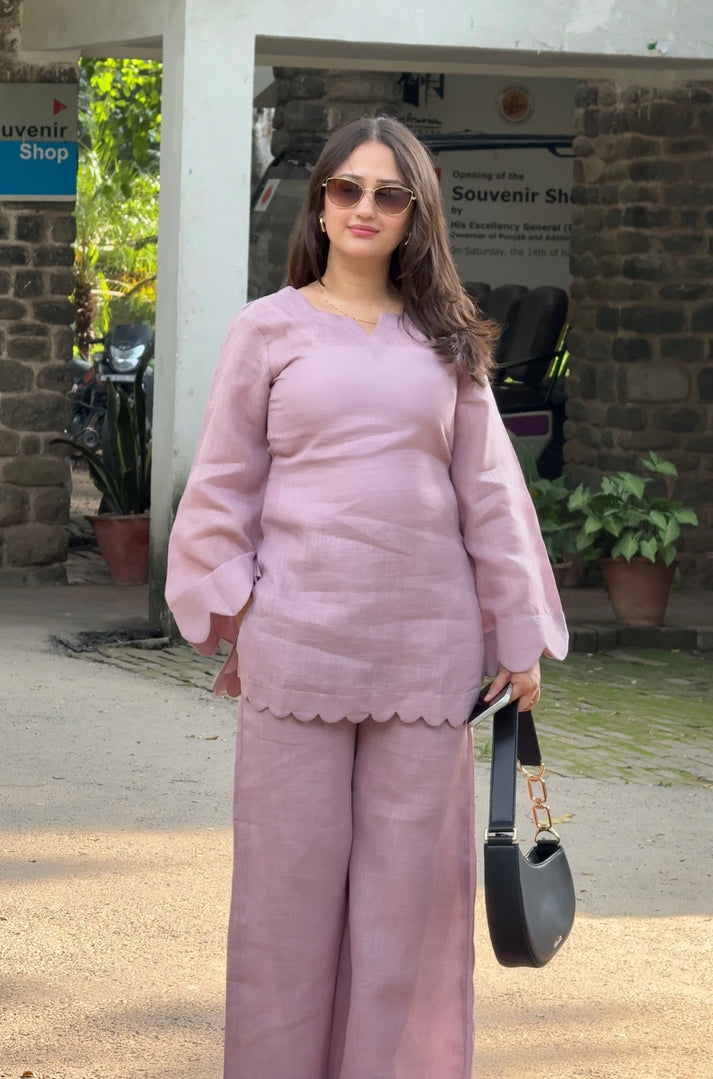 Rosé Muse Pure Linen Co-Ord Set – Relaxed Fit Top & Wide-Leg Pants | Shree Mall
