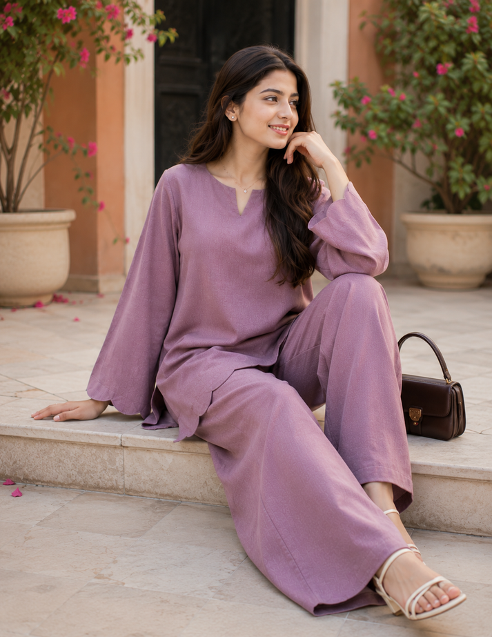 Rosé Muse Pure Linen Co-Ord Set – Relaxed Fit Top & Wide-Leg Pants | Shree Mall