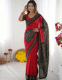 Crimson Red & Black Modal Silk Saree with Traditional Bandhani Inspired Motifs, Stone Work & Heritage Folk Art Pallu