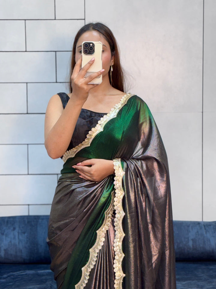 Emerald Noir Glam – Rich Soft Shimmer Saree with Sabyasachi Embroidery Lace