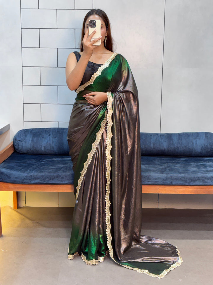 Emerald Noir Glam – Rich Soft Shimmer Saree with Sabyasachi Embroidery Lace