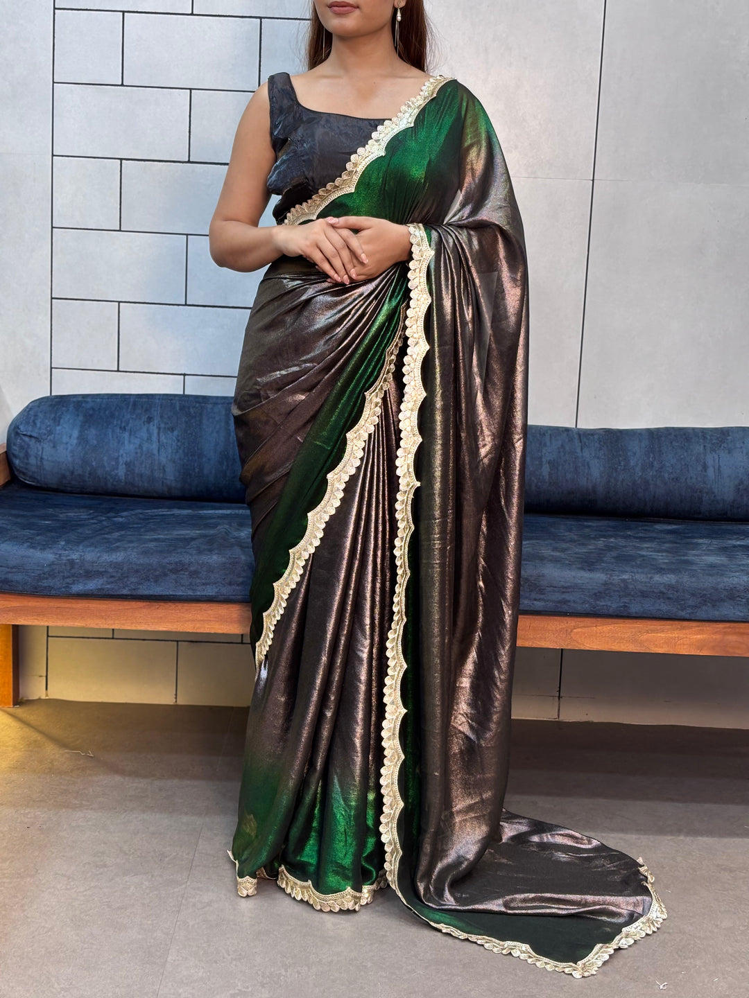 Emerald Noir Glam – Rich Soft Shimmer Saree with Sabyasachi Embroidery Lace