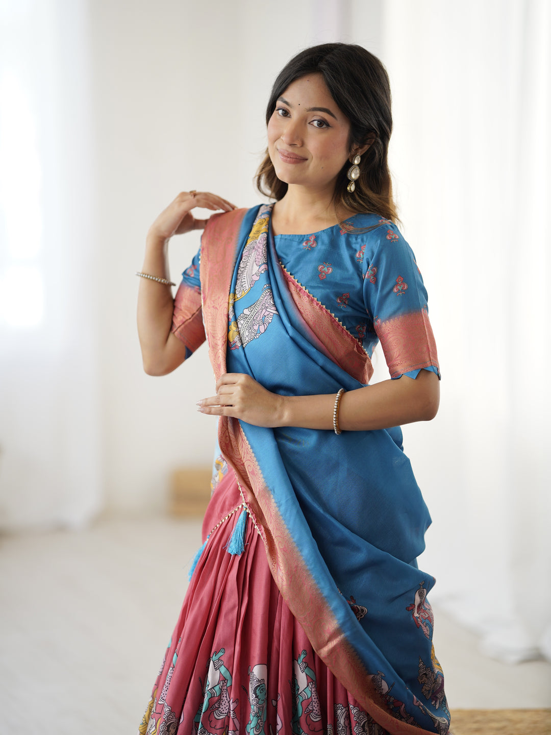 Elegant Kalamkari Lehenga in Blue and Terracotta Pink with Flared Skirt and Dupatta