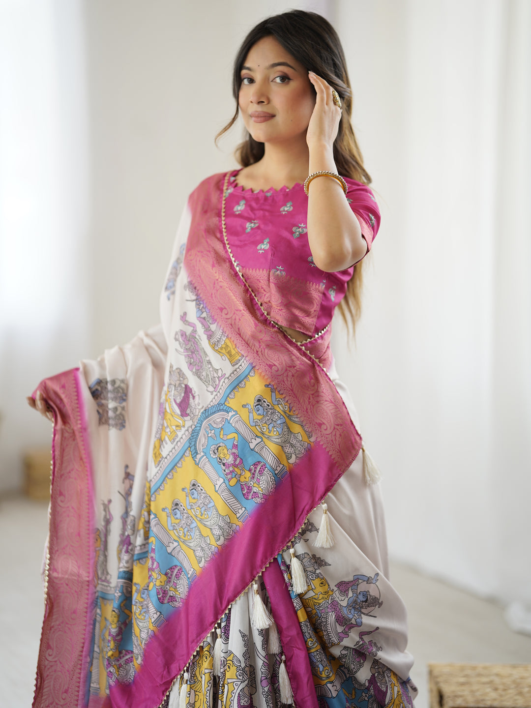 Elegant Kalamkari Lehenga in Magenta and Multicolor with Flared Skirt and Dupatta