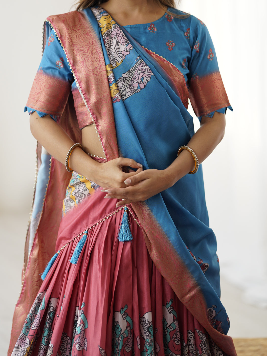 Elegant Kalamkari Lehenga in Blue and Terracotta Pink with Flared Skirt and Dupatta