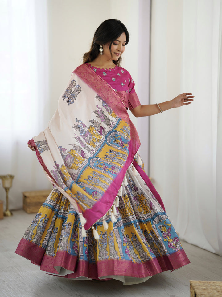 Elegant Kalamkari Lehenga in Magenta and Multicolor with Flared Skirt and Dupatta