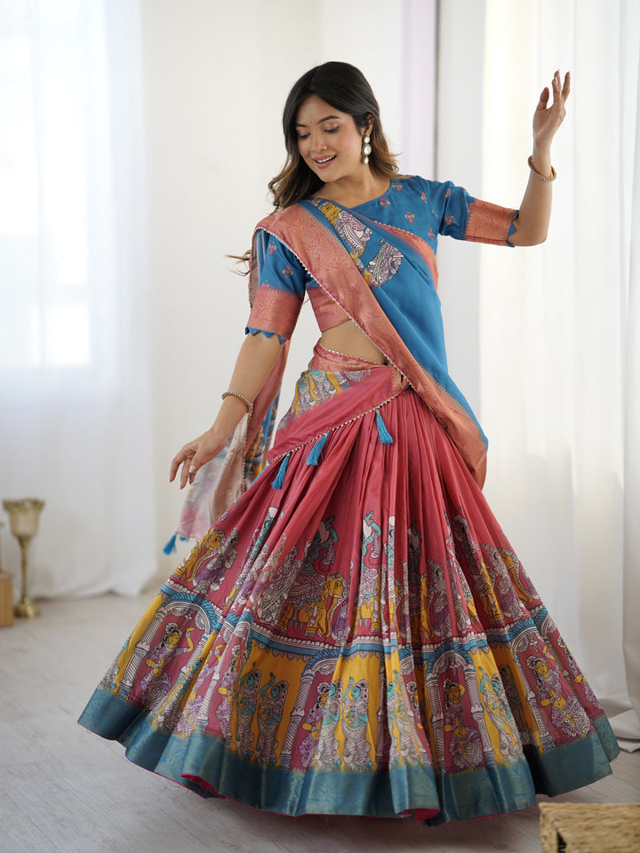 Elegant Kalamkari Lehenga in Blue and Terracotta Pink with Flared Skirt and Dupatta