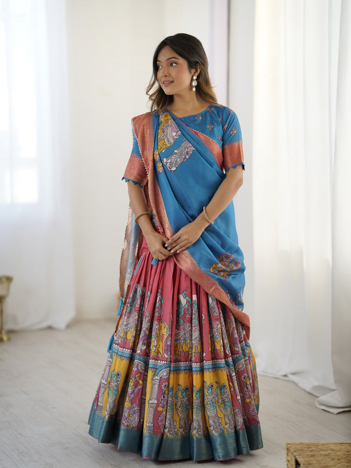 Elegant Kalamkari Lehenga in Blue and Terracotta Pink with Flared Skirt and Dupatta