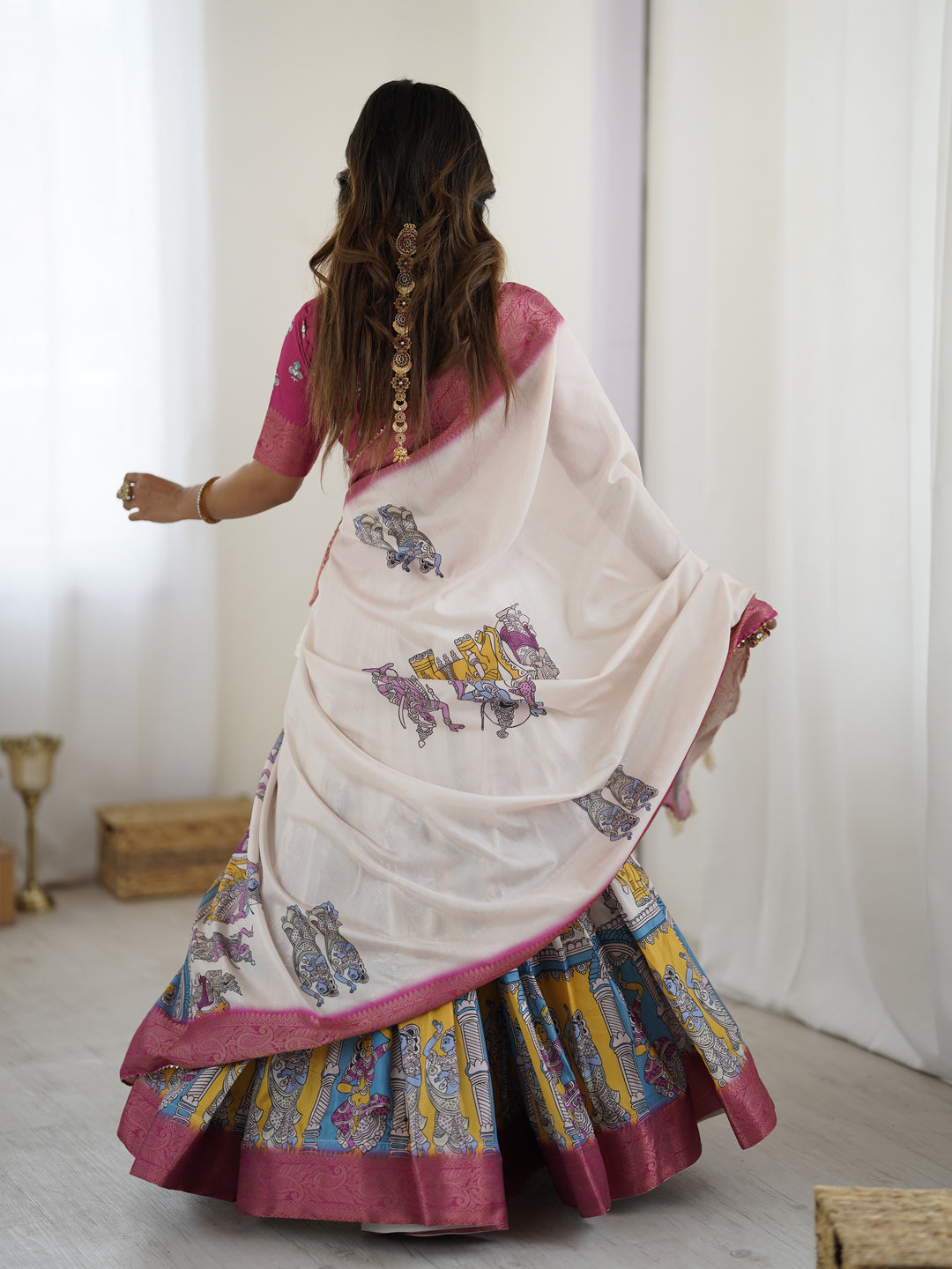 Elegant Kalamkari Lehenga in Magenta and Multicolor with Flared Skirt and Dupatta