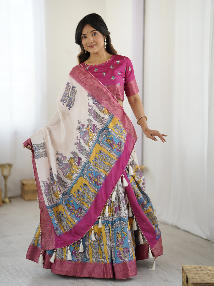 Elegant Kalamkari Lehenga in Magenta and Multicolor with Flared Skirt and Dupatta