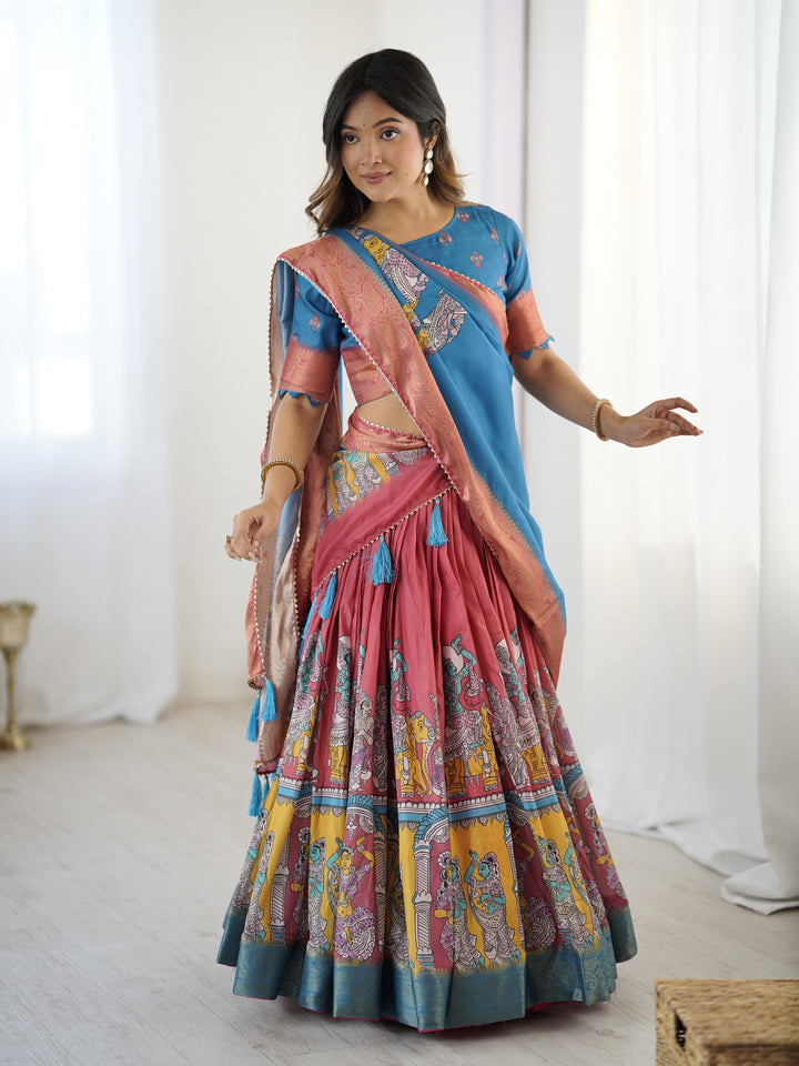 Elegant Kalamkari Lehenga in Blue and Terracotta Pink with Flared Skirt and Dupatta