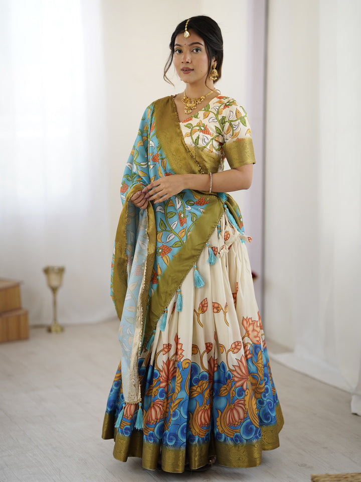 Off-White & Blue Kalamkari Silk Lehenga with Olive Zari Border & Tassel Dupatta – Festive & Wedding Wear