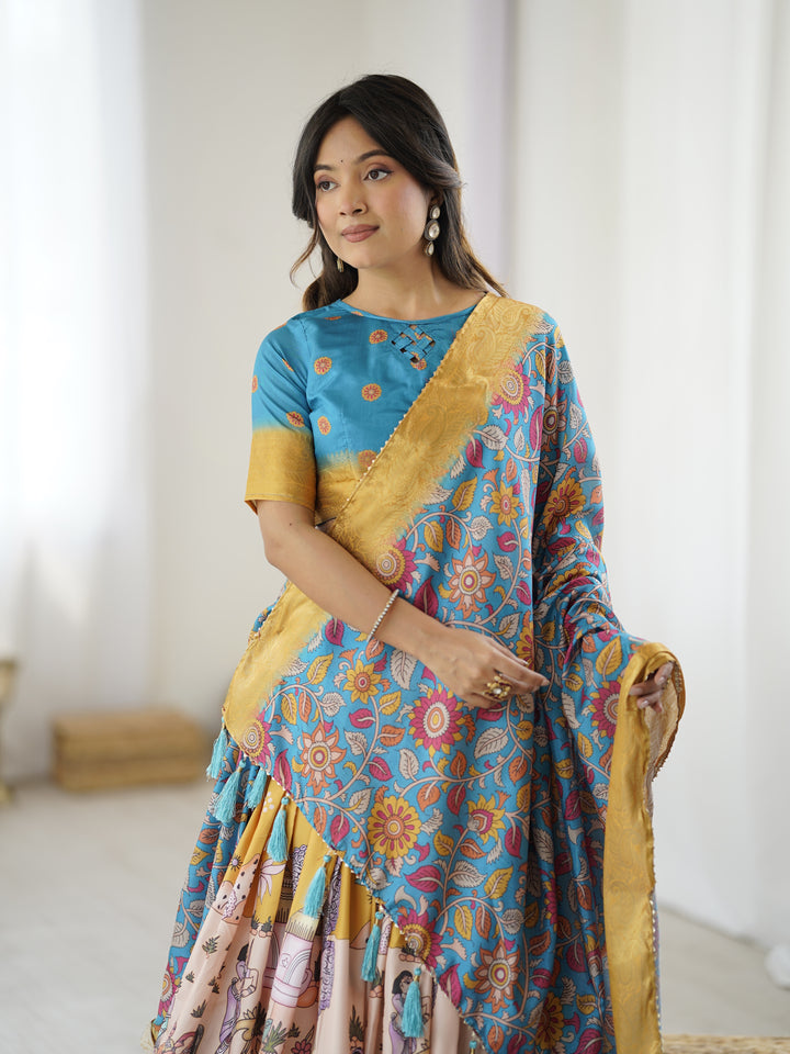 Elegant Kalamkari Lehenga in Blue and Peach with Floral Dupatta and Flared Skirt