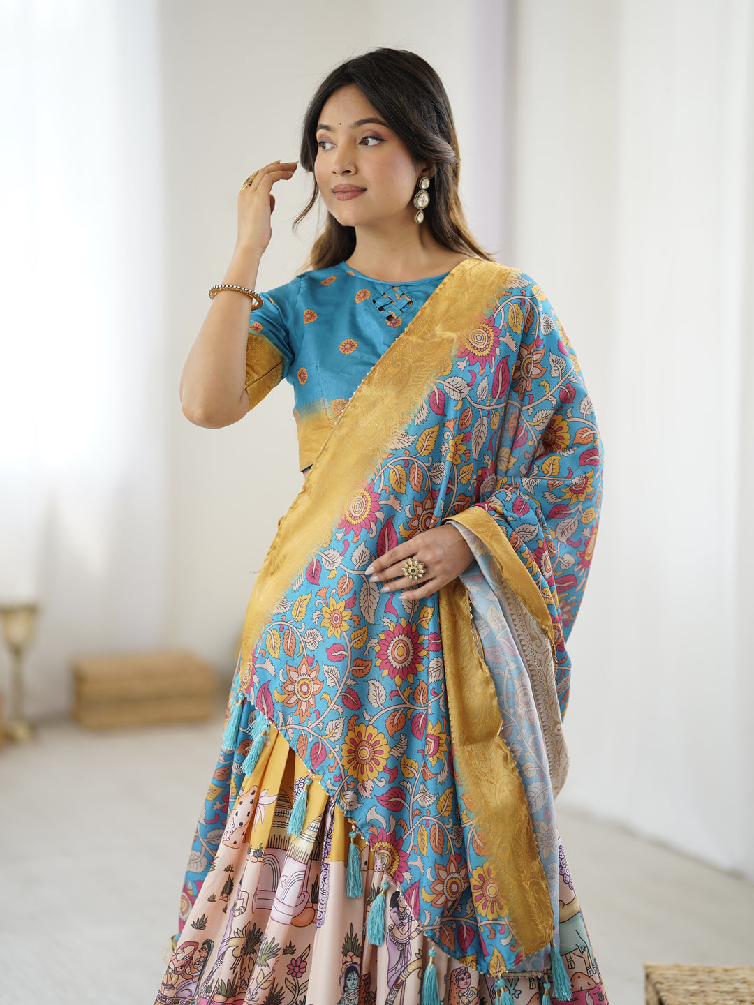 Elegant Kalamkari Lehenga in Blue and Peach with Floral Dupatta and Flared Skirt