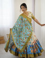 Off-White & Blue Kalamkari Silk Lehenga with Olive Zari Border & Tassel Dupatta – Festive & Wedding Wear