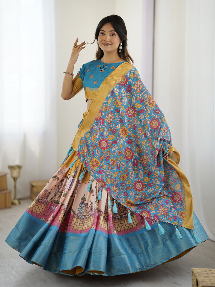 Elegant Kalamkari Lehenga in Blue and Peach with Floral Dupatta and Flared Skirt