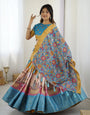 Elegant Kalamkari Lehenga in Blue and Peach with Floral Dupatta and Flared Skirt