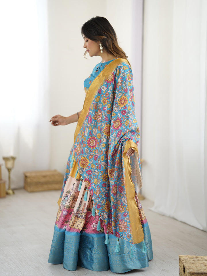 Elegant Kalamkari Lehenga in Blue and Peach with Floral Dupatta and Flared Skirt