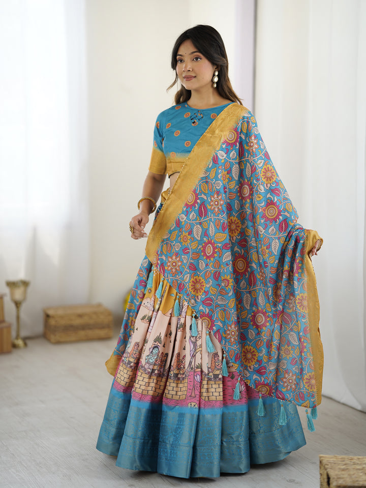 Elegant Kalamkari Lehenga in Blue and Peach with Floral Dupatta and Flared Skirt