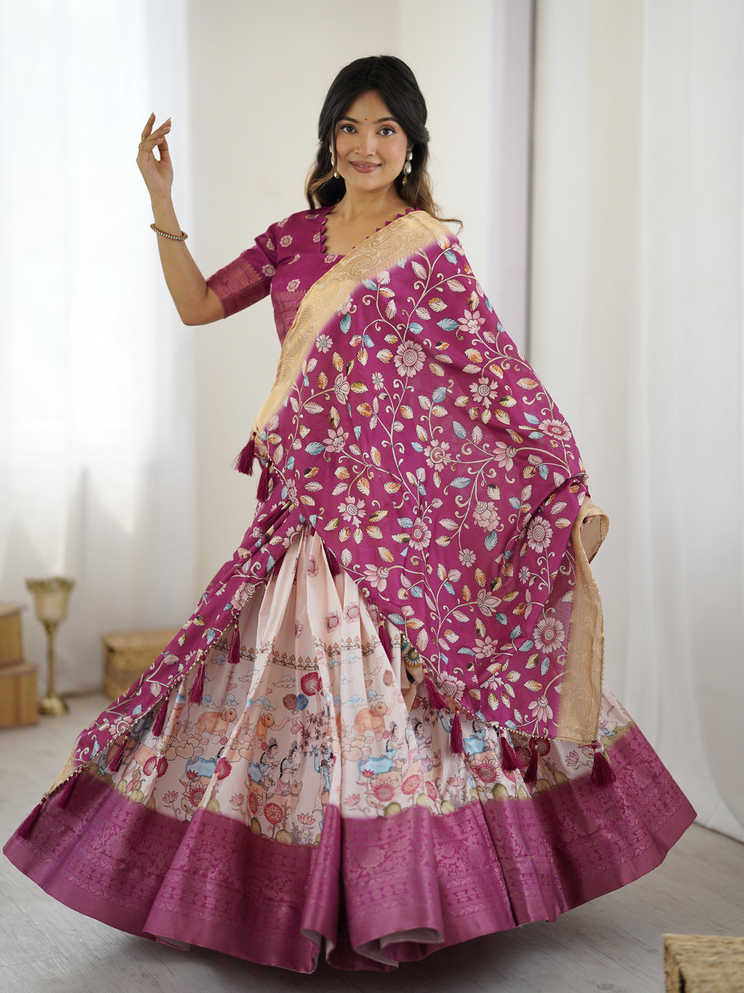 Elegant Kalamkari Lehenga in Wine and Peach with Divine Print and Floral Zari Dupatta