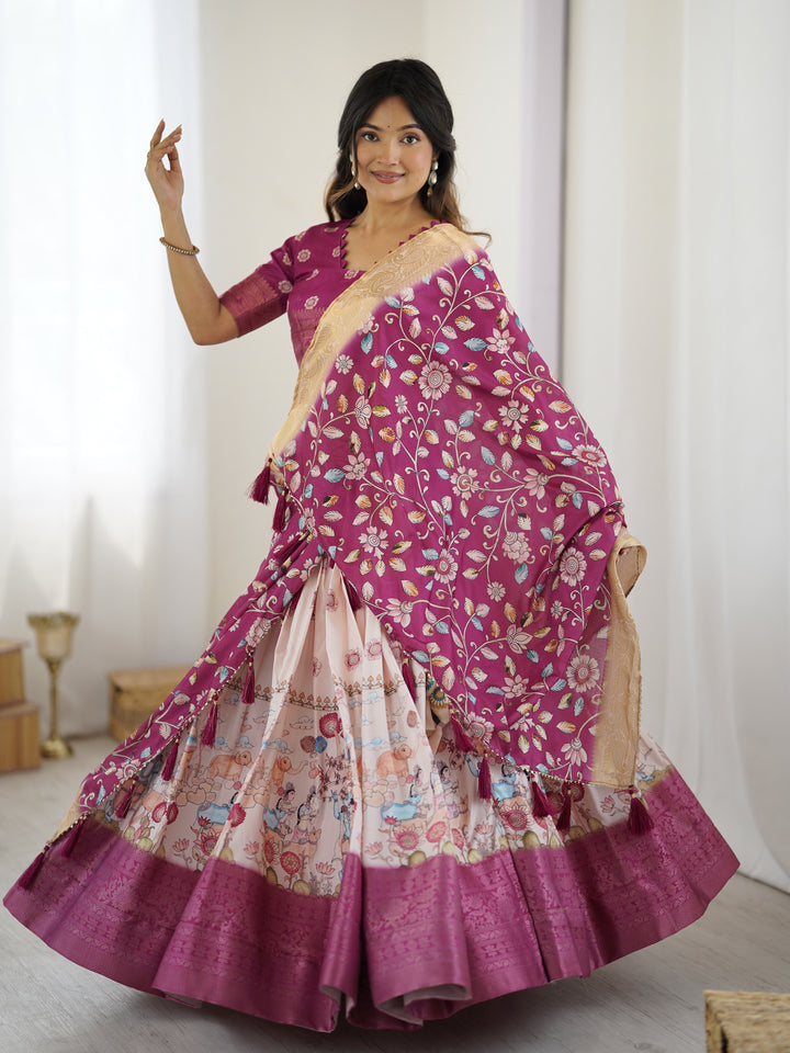 Elegant Kalamkari Lehenga in Wine and Peach with Divine Print and Floral Zari Dupatta