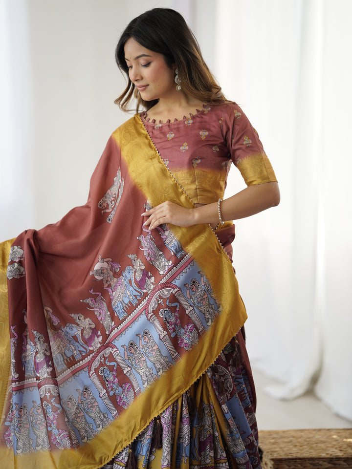 Elegant Kalamkari Lehenga in Maroon and Mustard with Flared Skirt and Dupatta