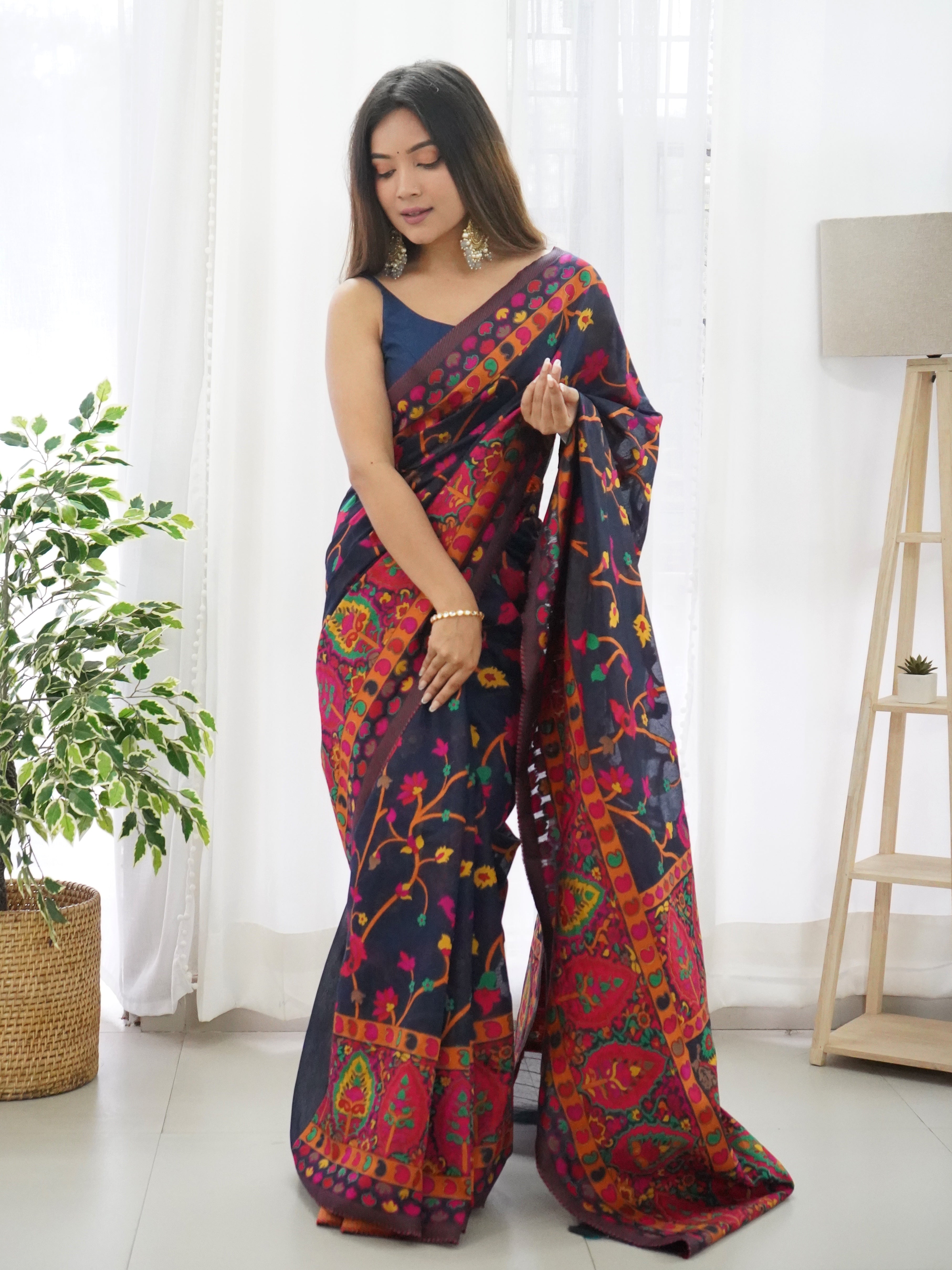 KASHMIRI PASHMINA COTTON KACHHI WORK MULTI THRADE SAREE