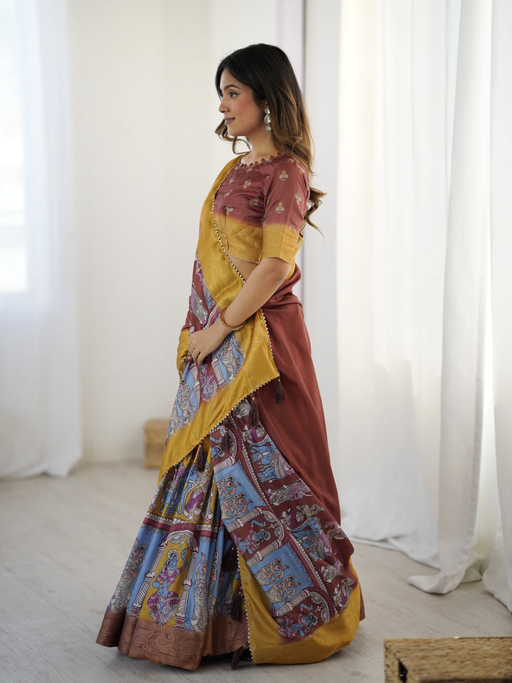 Elegant Kalamkari Lehenga in Maroon and Mustard with Flared Skirt and Dupatta