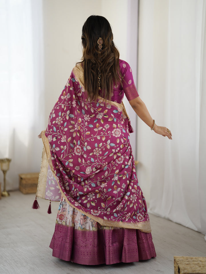 Elegant Kalamkari Lehenga in Wine and Peach with Divine Print and Floral Zari Dupatta