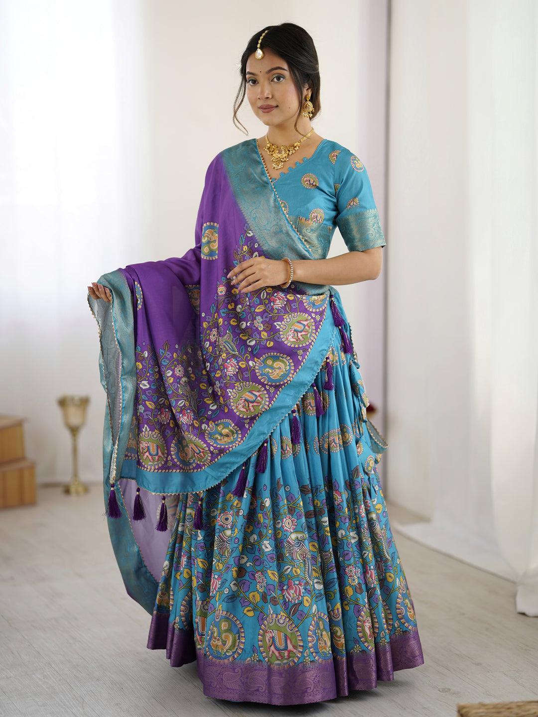 Turquoise Blue & Purple Kalamkari Tussar Silk Lehenga with Zari Border & Tassel Dupatta – Wedding & Festive Wear