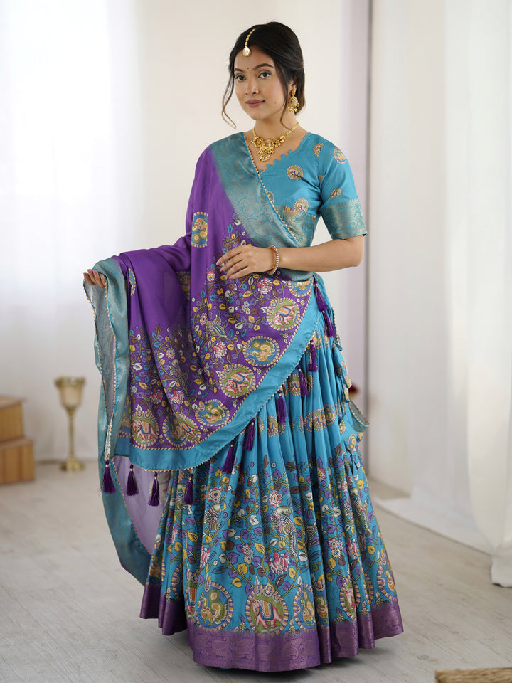 Turquoise Blue & Purple Kalamkari Tussar Silk Lehenga with Zari Border & Tassel Dupatta – Wedding & Festive Wear