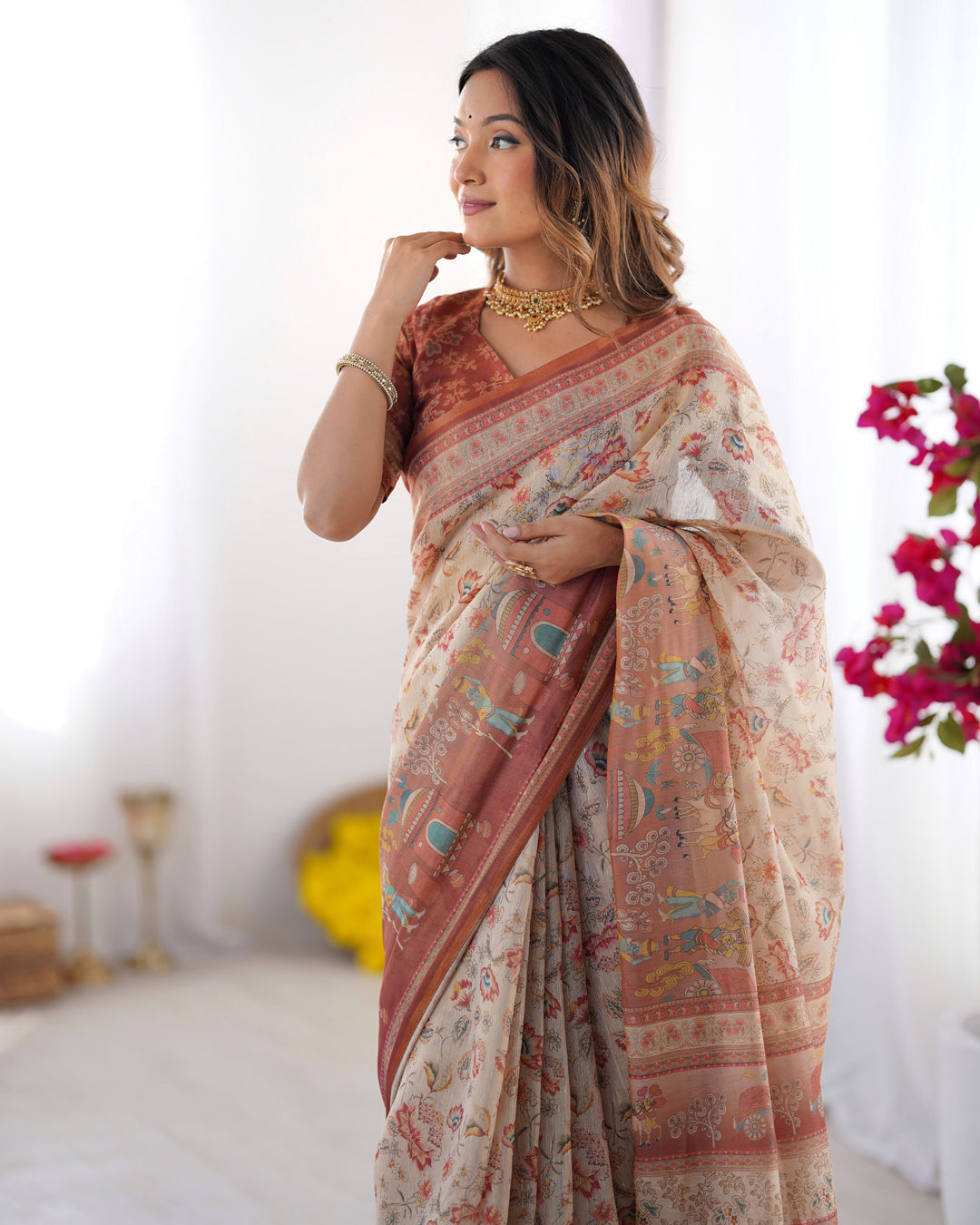 Ivory Handloom Cotton Saree with Maroon Borders, Floral Print & Royal Procession Pallu