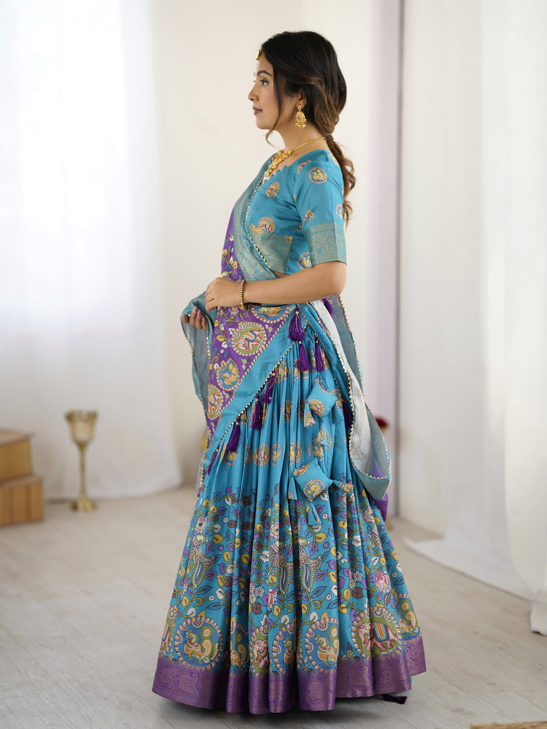Turquoise Blue & Purple Kalamkari Tussar Silk Lehenga with Zari Border & Tassel Dupatta – Wedding & Festive Wear