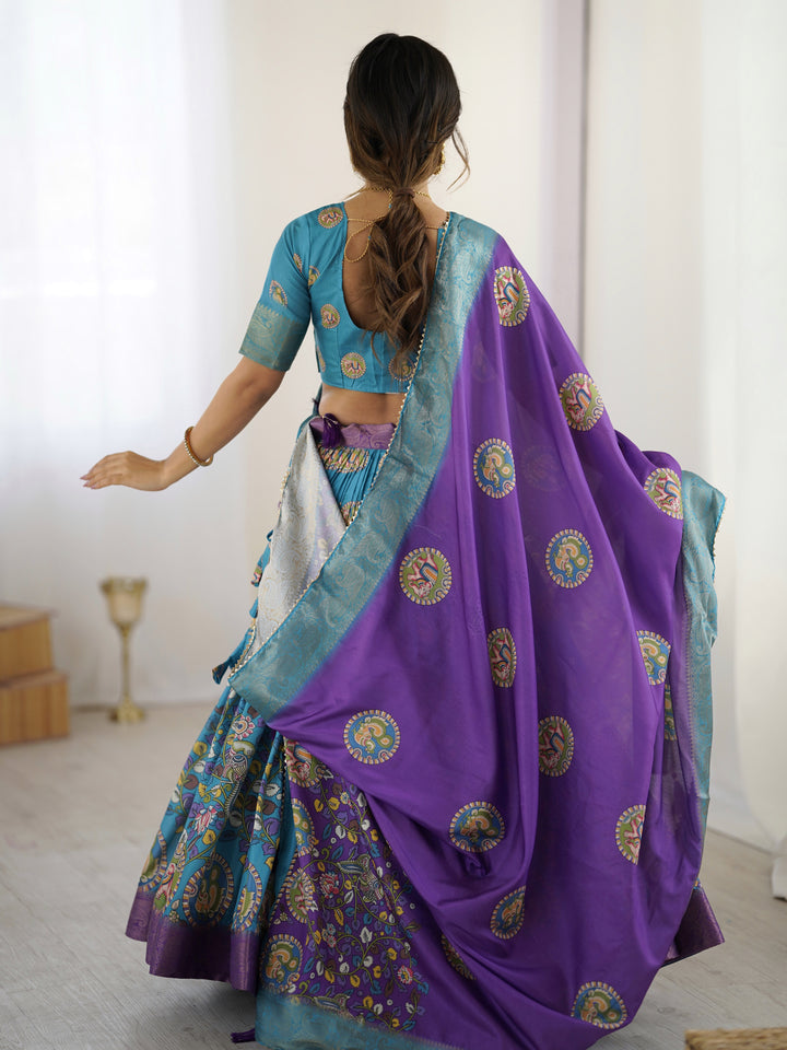 Turquoise Blue & Purple Kalamkari Tussar Silk Lehenga with Zari Border & Tassel Dupatta – Wedding & Festive Wear