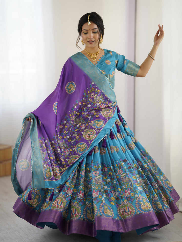Turquoise Blue & Purple Kalamkari Tussar Silk Lehenga with Zari Border & Tassel Dupatta – Wedding & Festive Wear