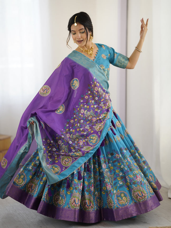 Turquoise Blue & Purple Kalamkari Tussar Silk Lehenga with Zari Border & Tassel Dupatta – Wedding & Festive Wear