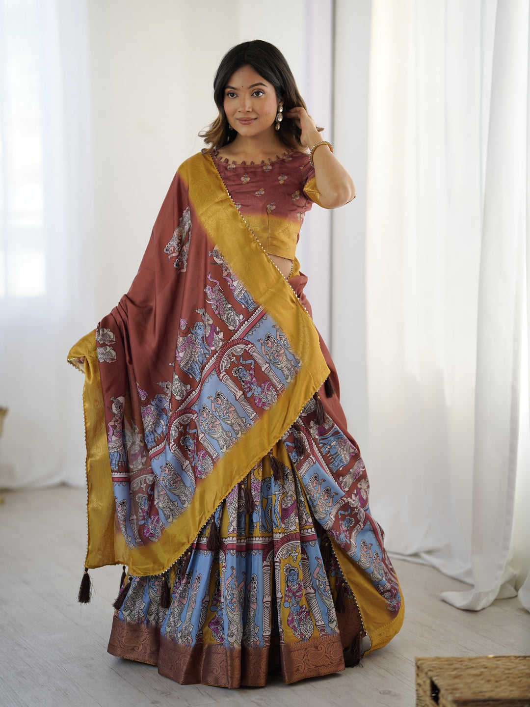 Elegant Kalamkari Lehenga in Maroon and Mustard with Flared Skirt and Dupatta