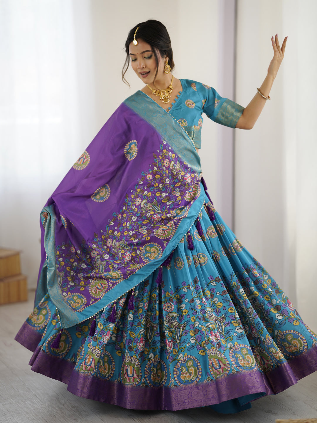 Turquoise Blue & Purple Kalamkari Tussar Silk Lehenga with Zari Border & Tassel Dupatta – Wedding & Festive Wear