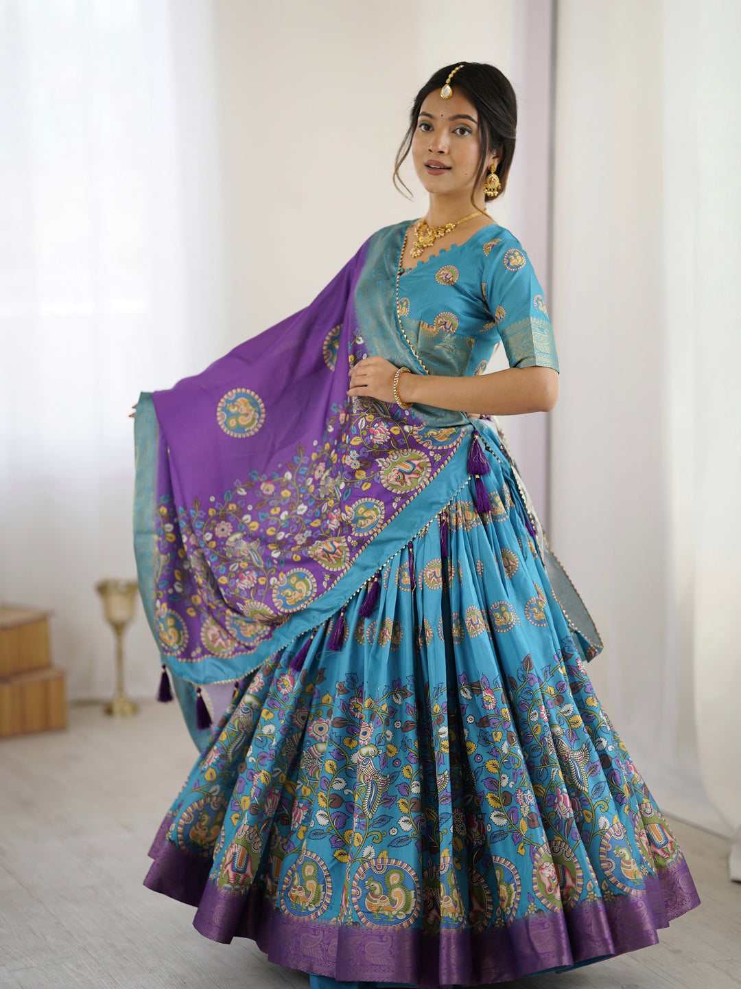 Turquoise Blue & Purple Kalamkari Tussar Silk Lehenga with Zari Border & Tassel Dupatta – Wedding & Festive Wear